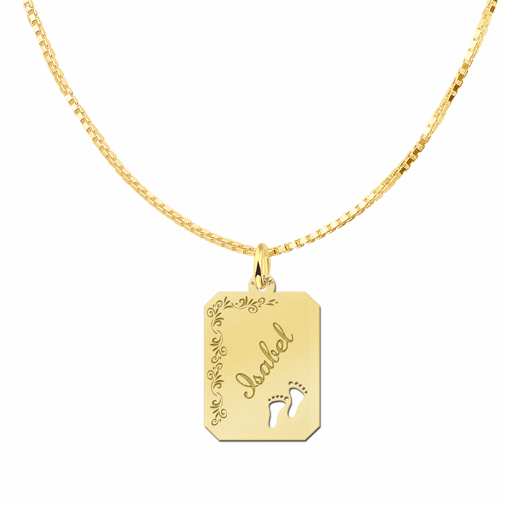 gold engraved rectangle16 nametag flower design feet
