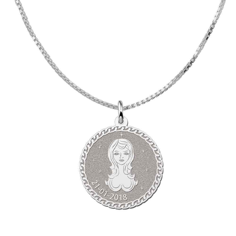 Silver Round Zodiac Pendant Virgo with Name Engraving