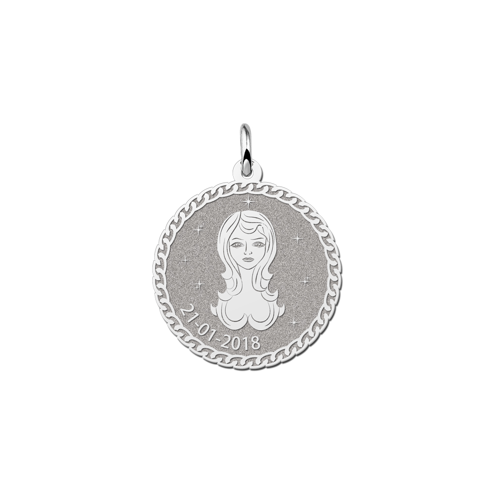 Silver Round Zodiac Pendant Virgo with Name Engraving