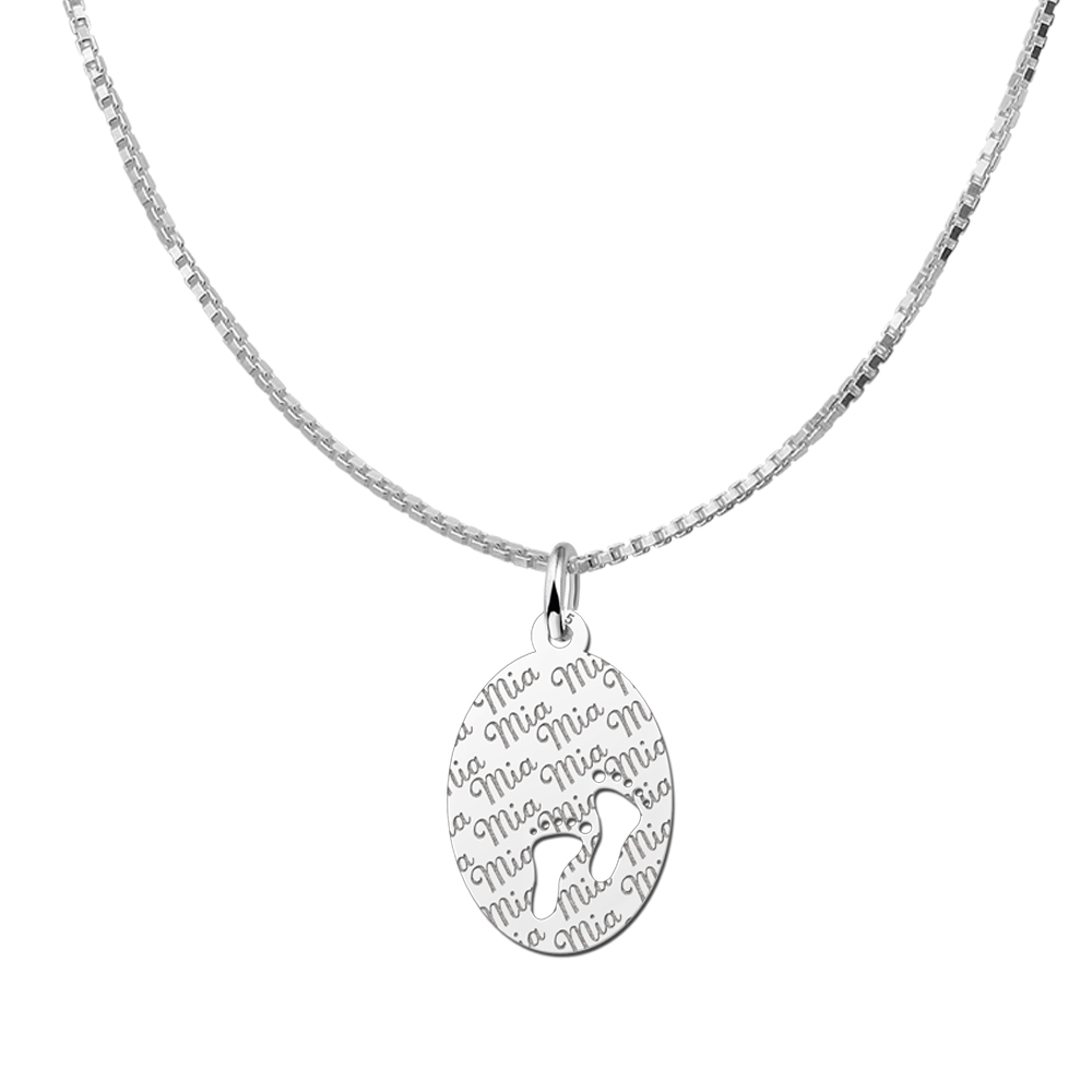 Repeatedly Engraved Silver Oval Necklace with Babyfeet