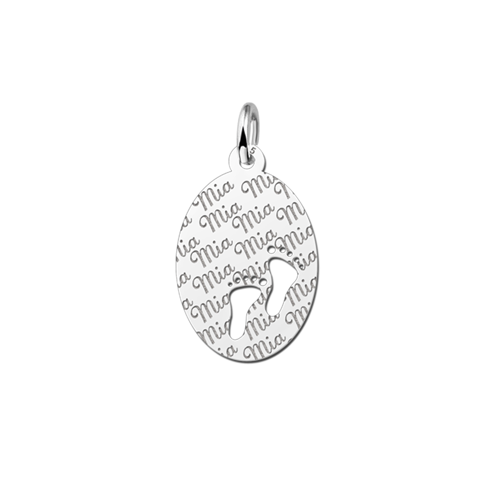 Repeatedly Engraved Silver Oval Necklace with Babyfeet