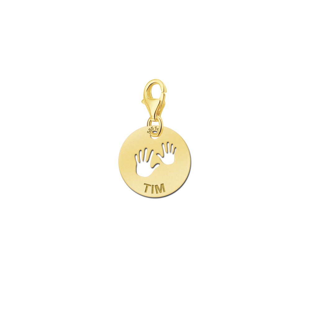 14K gold baby charm with little hands and name