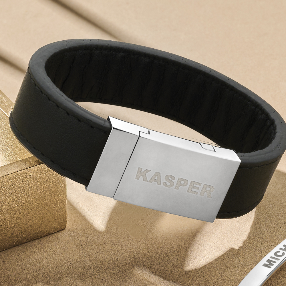 Black leather Bracelet with Engraving