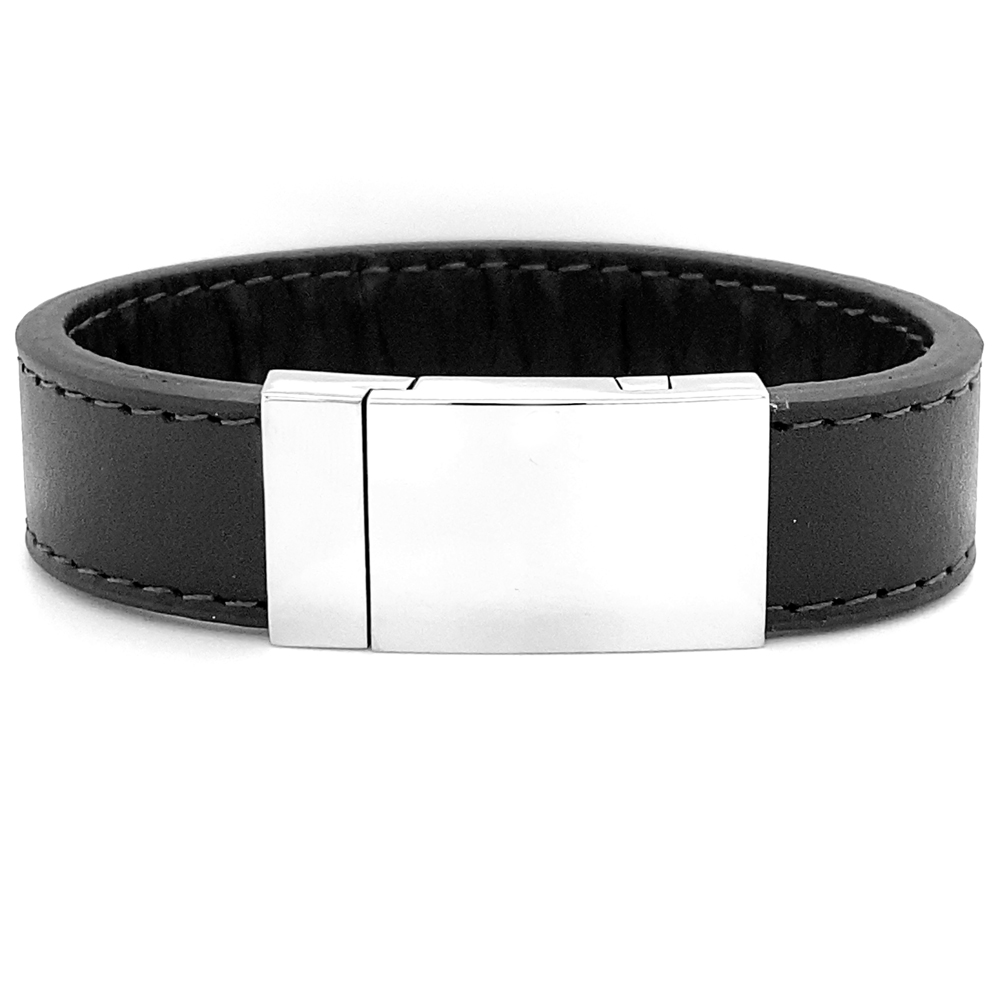 Black leather Bracelet with Engraving