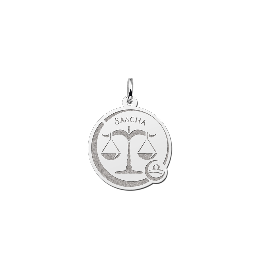 Silver Round Zodiac Pendant Libra with Name Engraving