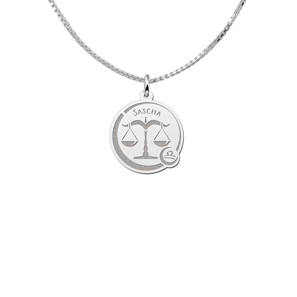 Silver Round Zodiac Pendant Libra with Name Engraving