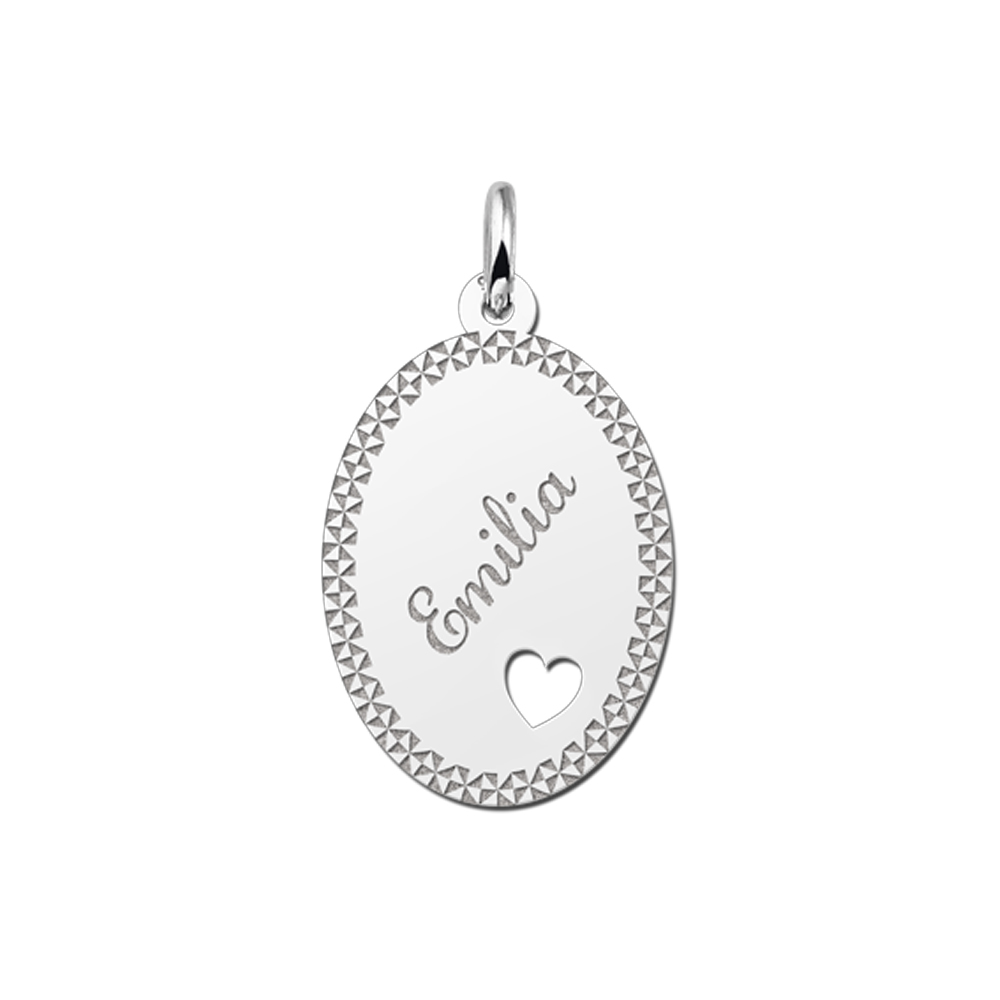 Silver oval pendant border & heart