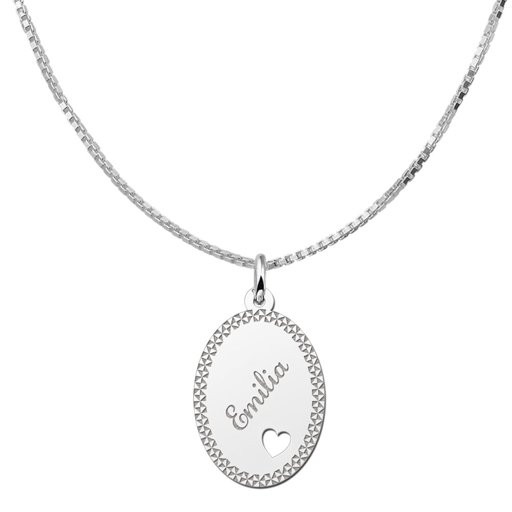 Silver oval pendant border & heart