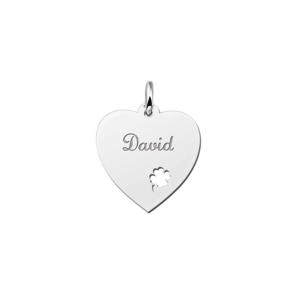 Silver Heart Nametag with Four Leaf Clover