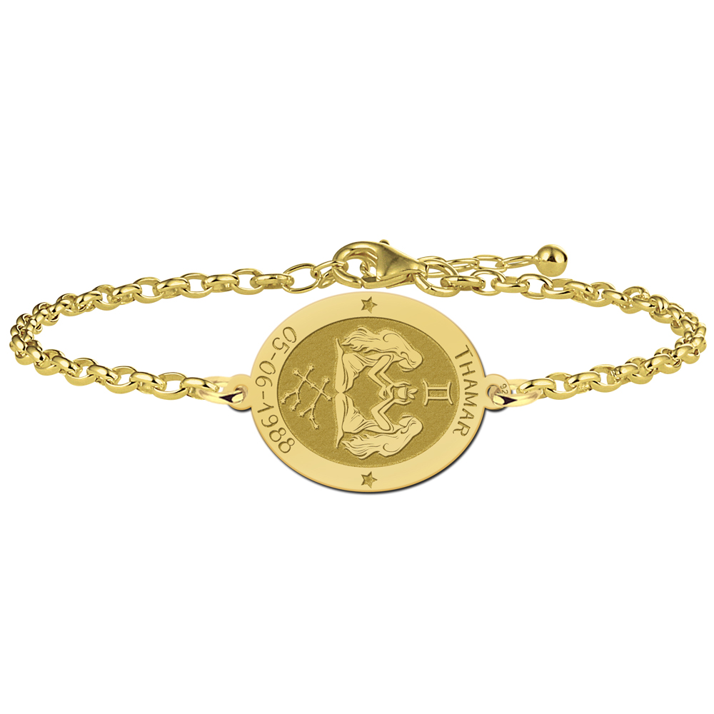 Gold Plated Oval Gemini Zodiac Bracelet with Name and Date