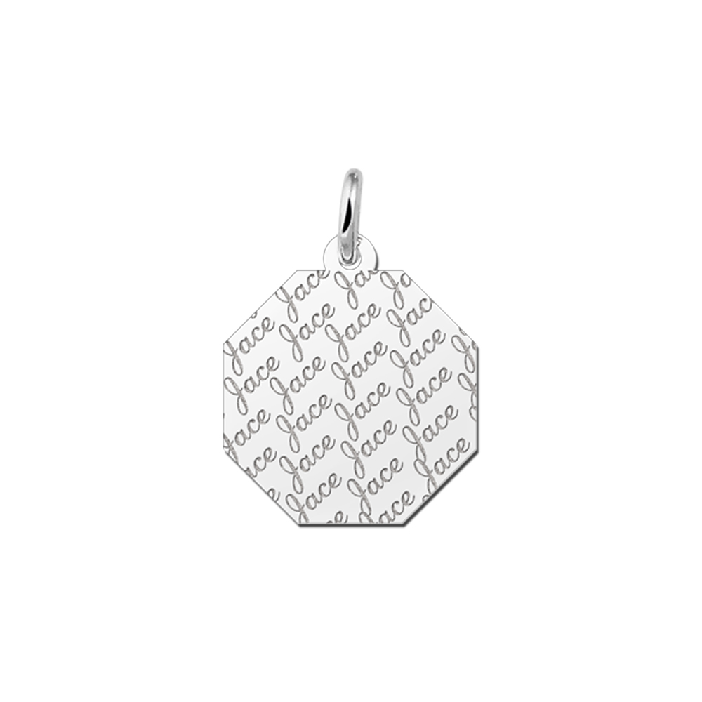 Silver octagonal pendant with repeated name pattern