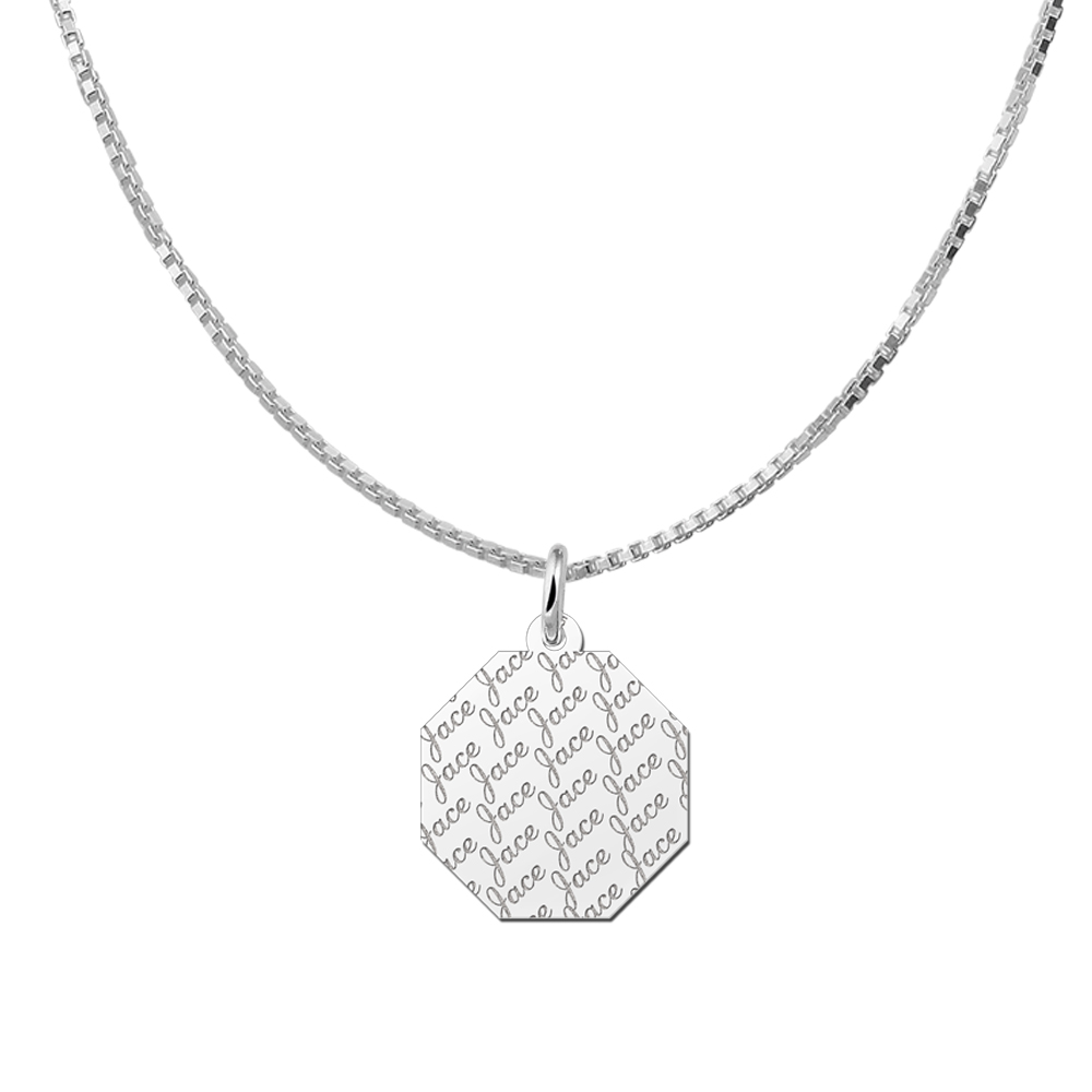 Silver octagonal pendant with repeated name pattern