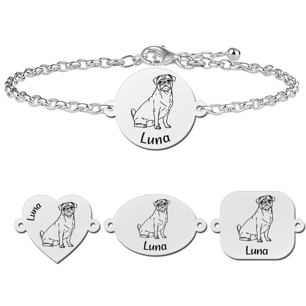 Silver portrait dog bracelet pug