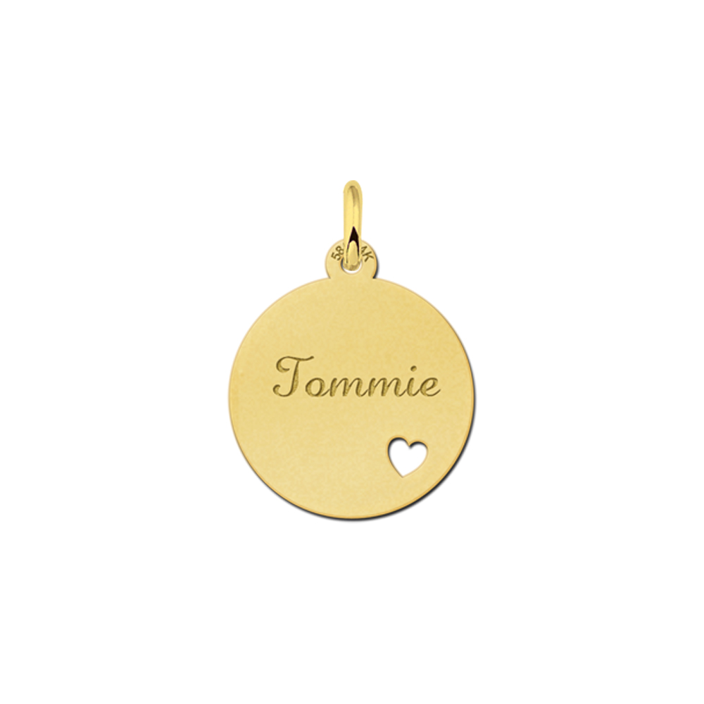 Gold Disc Necklace with Name and Small Heart