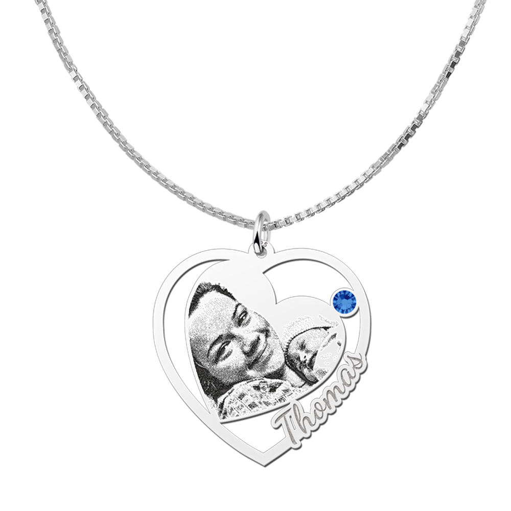 Photo necklace with heart and birthstone silver