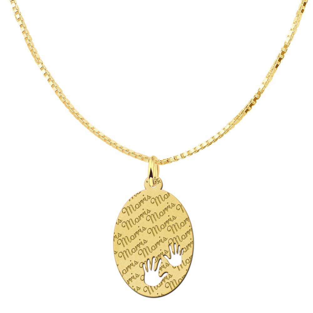 Repeatedly Engraved Golden Oval Pendant with Hands Large