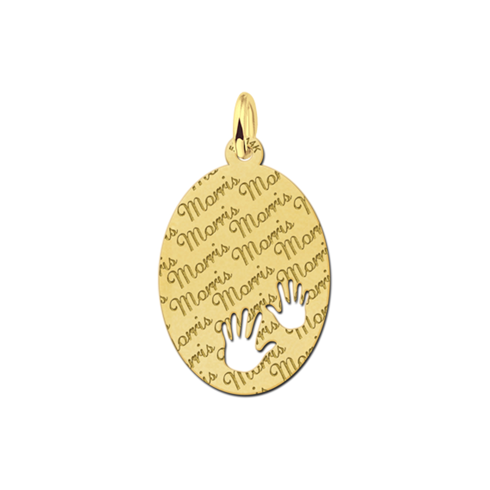 Repeatedly Engraved Golden Oval Pendant with Hands Large