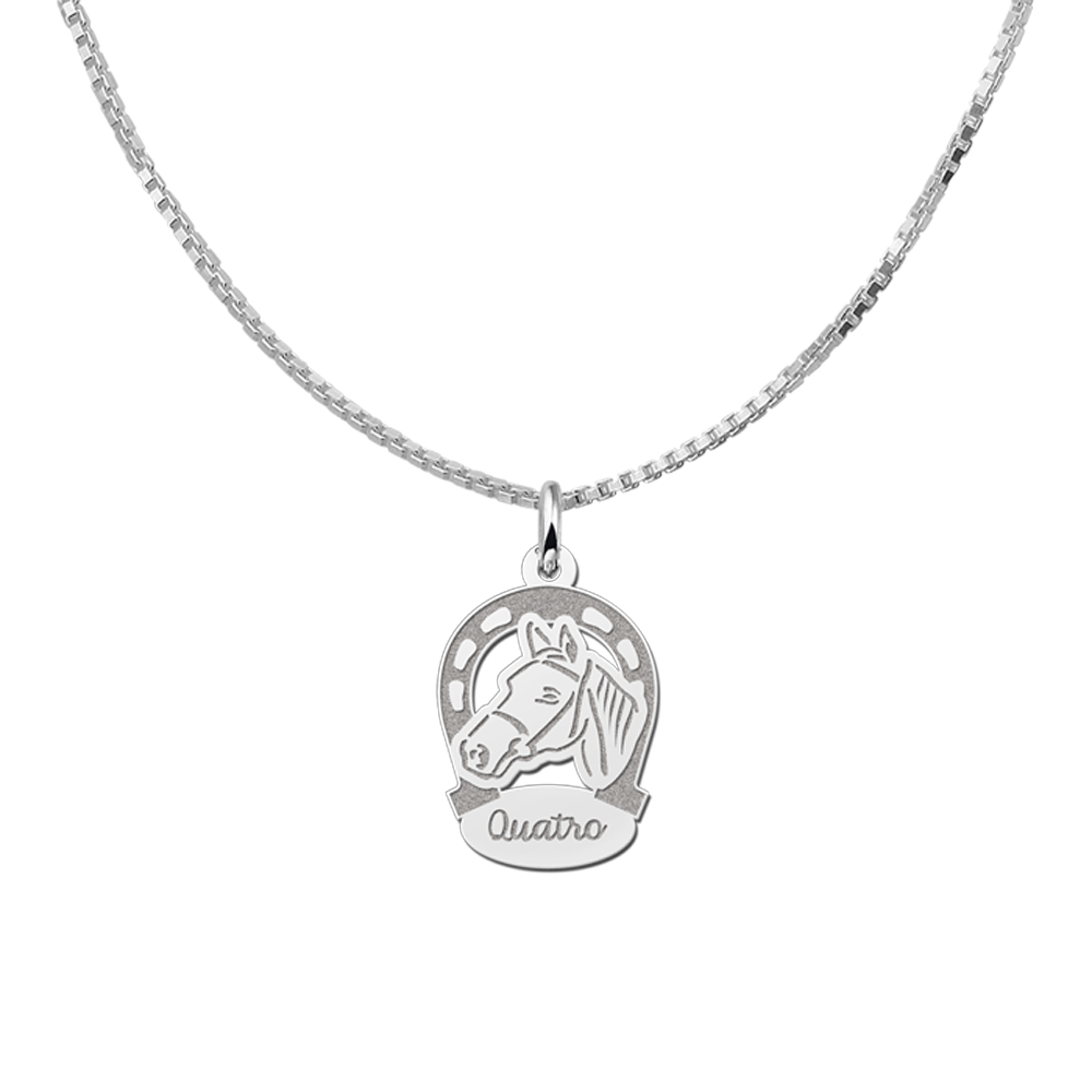Silver pendant horseshoe and horse with name engraving