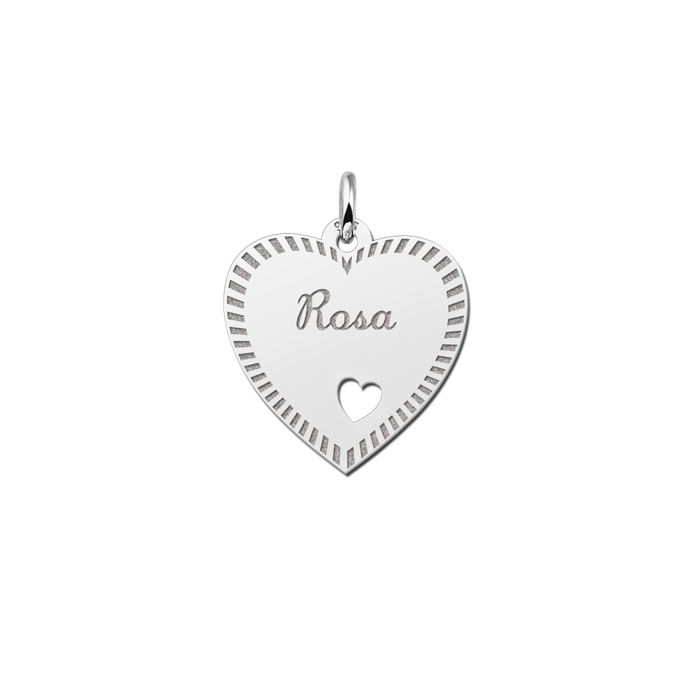 Silver Heart Necklace With Name, Border and Small Heart