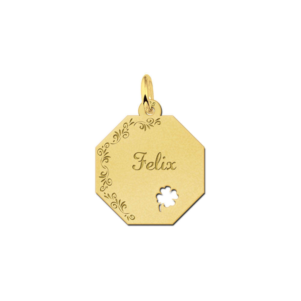 Gold-plated octagonal pendant with floral border and four-leaf clover