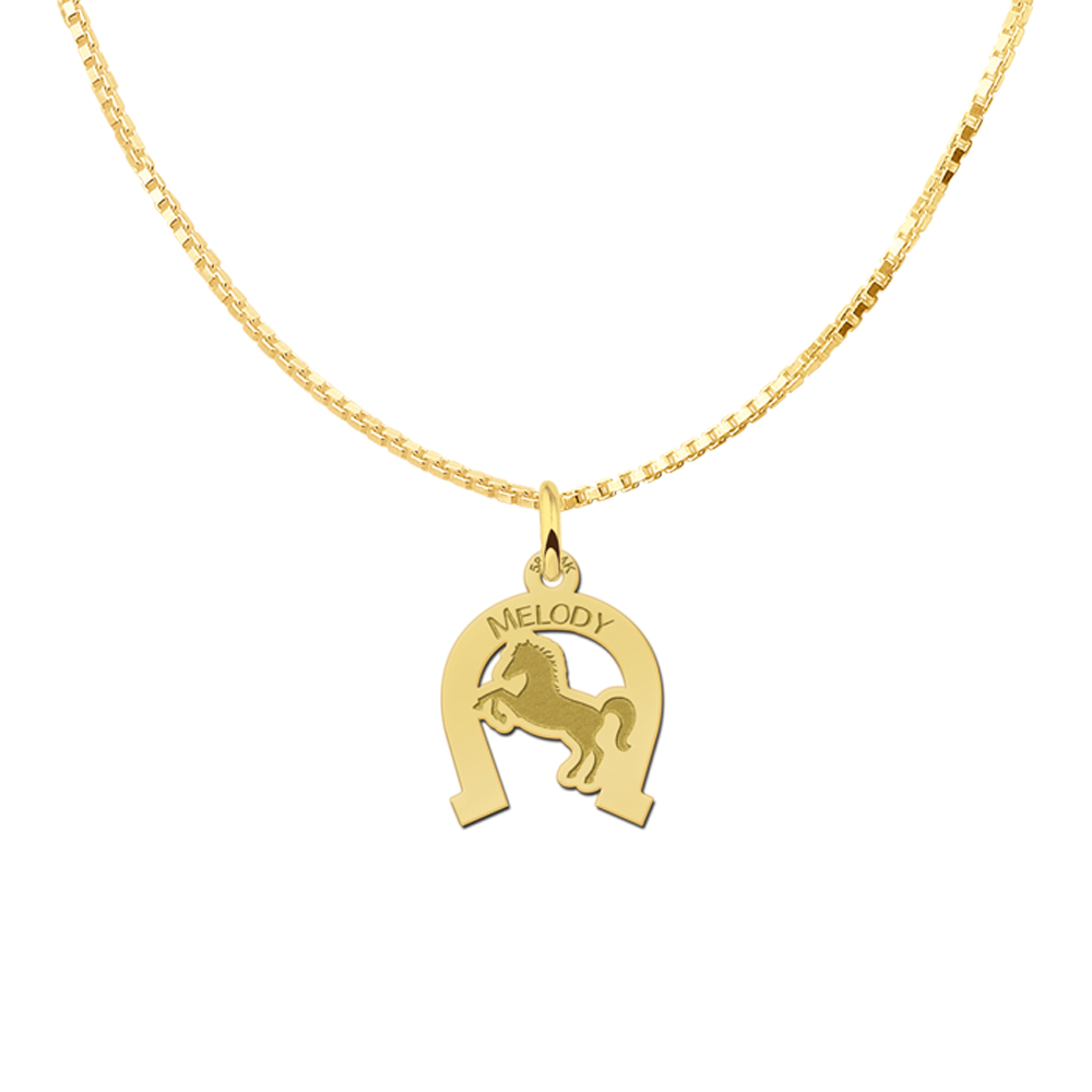 Horse pendant with horseshoe and name engraving gold