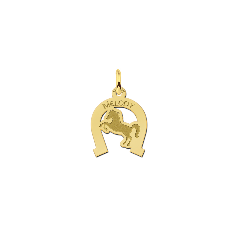Horse pendant with horseshoe and name engraving gold