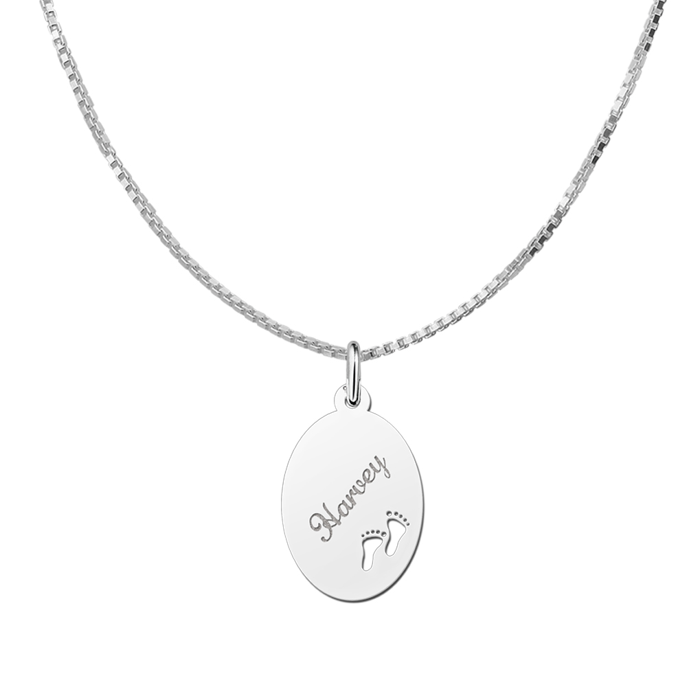 Silver Oval Necklace with Name and Feet