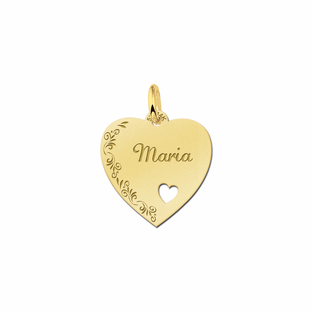 Gold Heart Necklace With Name, Flowers and Small Heart