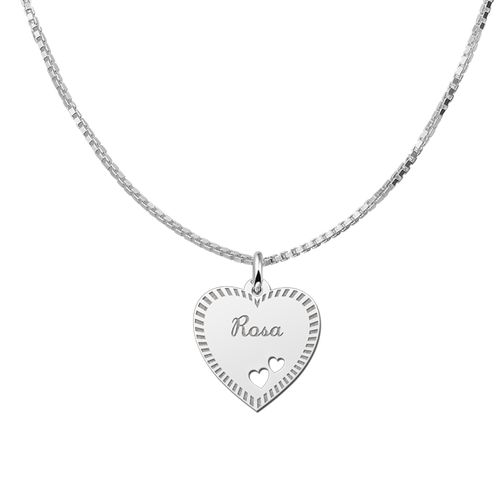 Silver Heart Engraved Necklace With Border and 2 Hearts