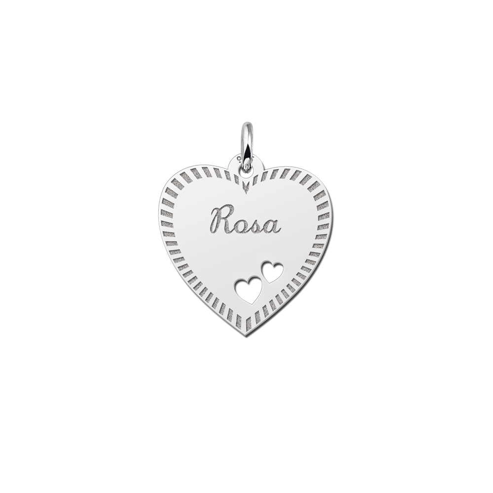 Silver heart engraved necklace with border and 2 hearts