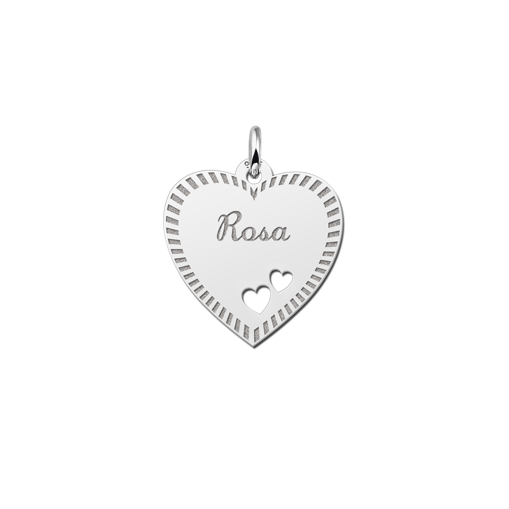 Silver Heart Engraved Necklace With Border and 2 Hearts