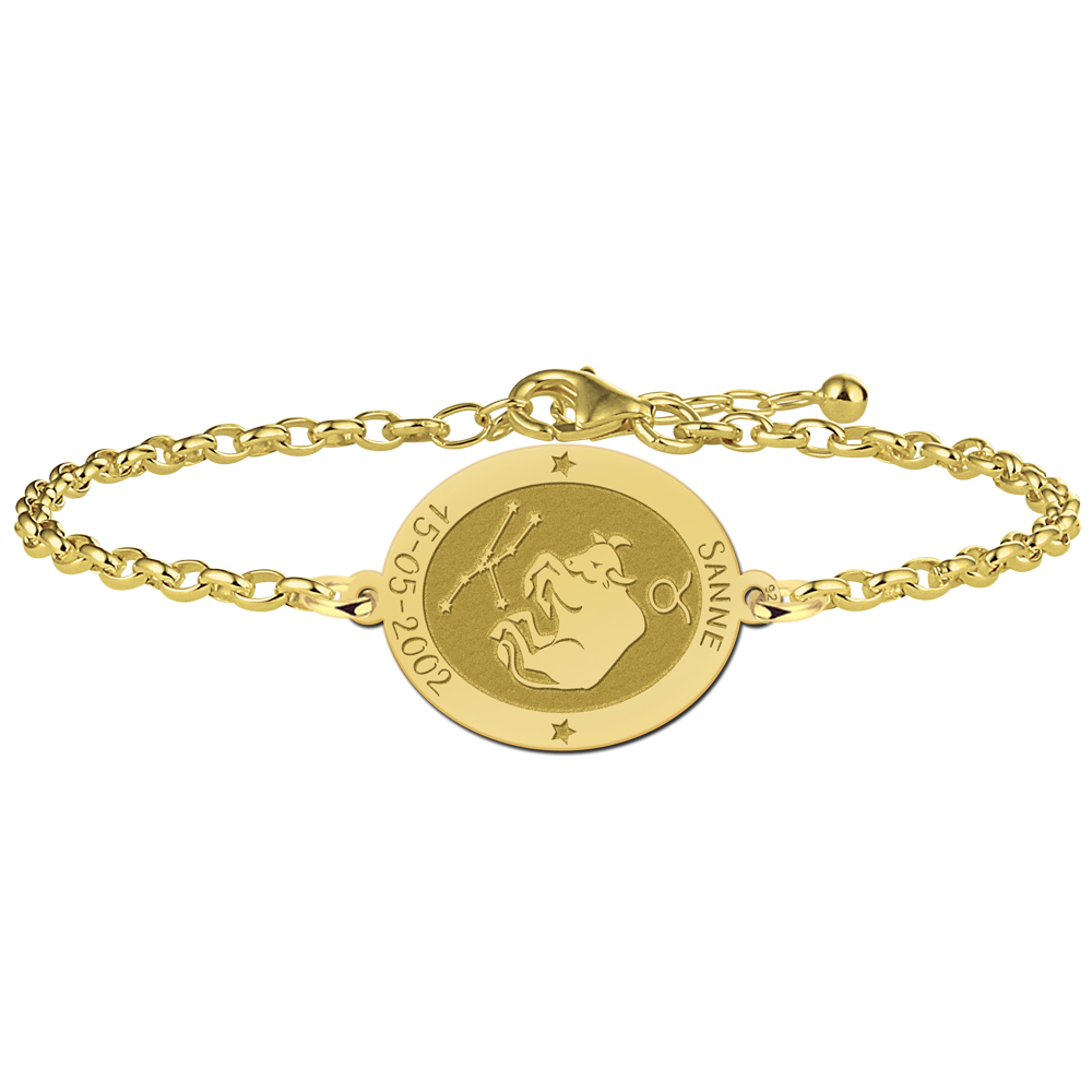 Gold Plated Oval Taurus Zodiac Bracelet with Name and Date