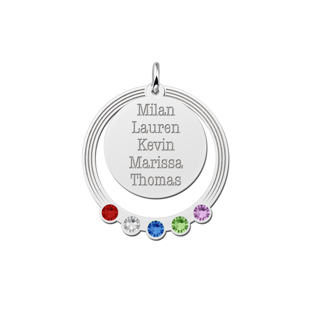 Silver round family pendant with names and birthstones