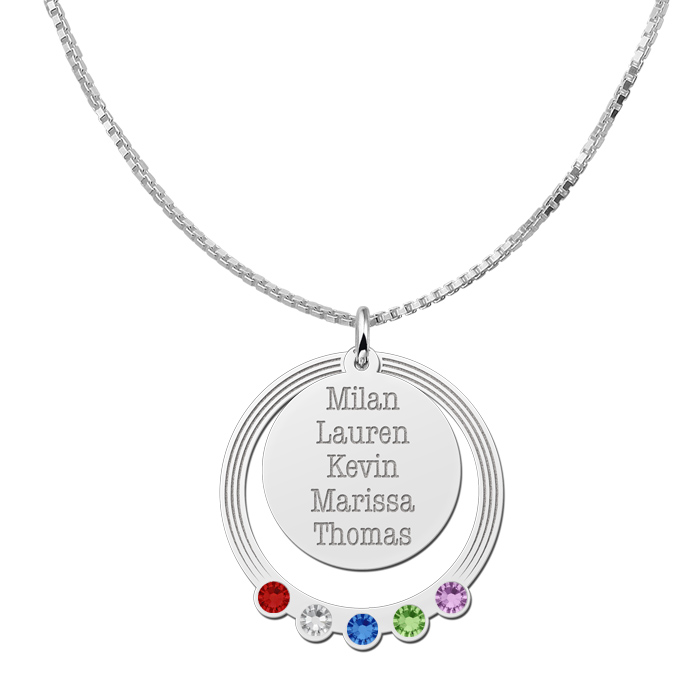 Round silver birthstone pendant with names