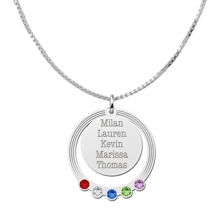 Silver round family pendant with names and birthstones