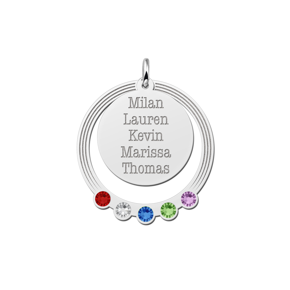 Round silver birthstone pendant with names