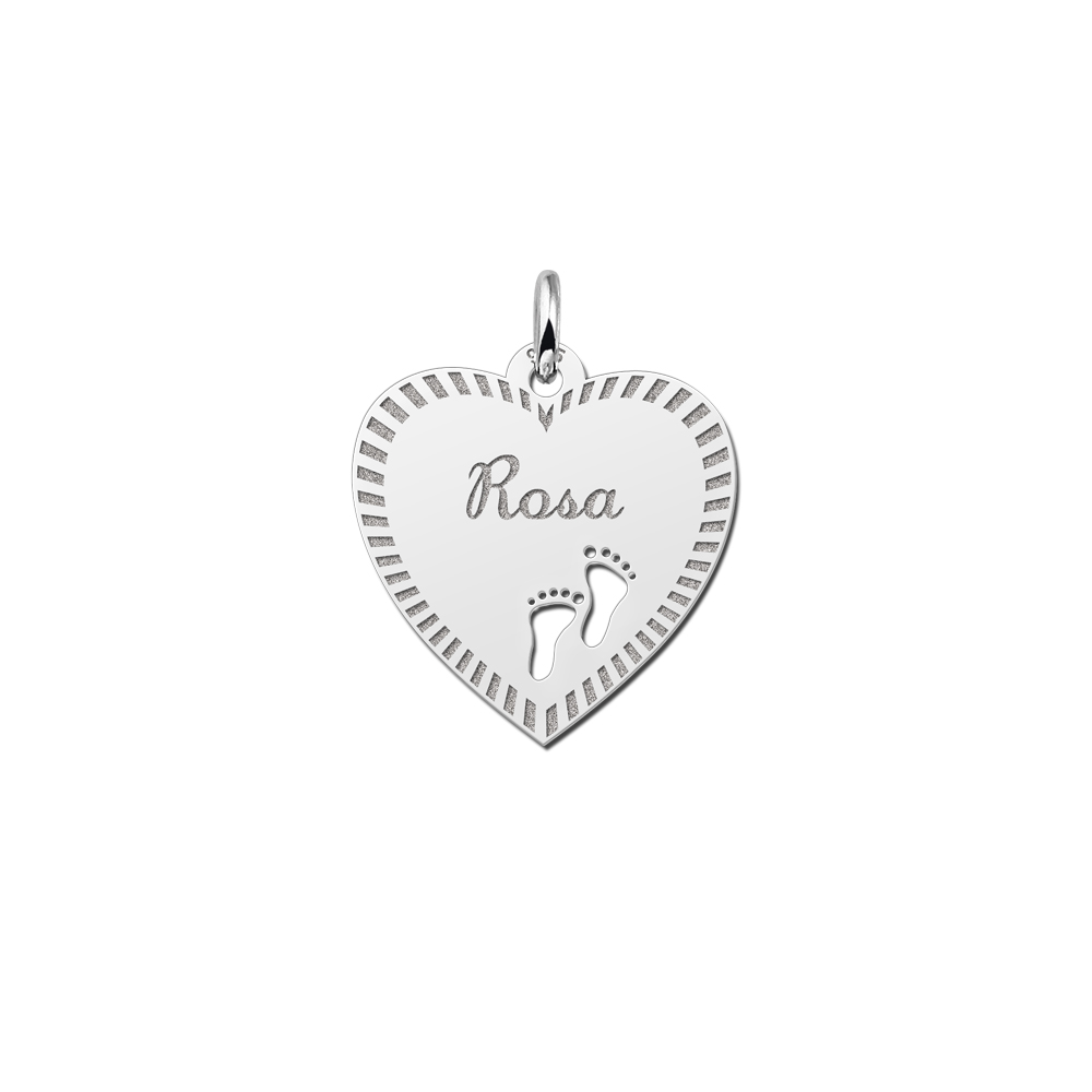 Silver Engraved Heart Necklace with Border and Feet