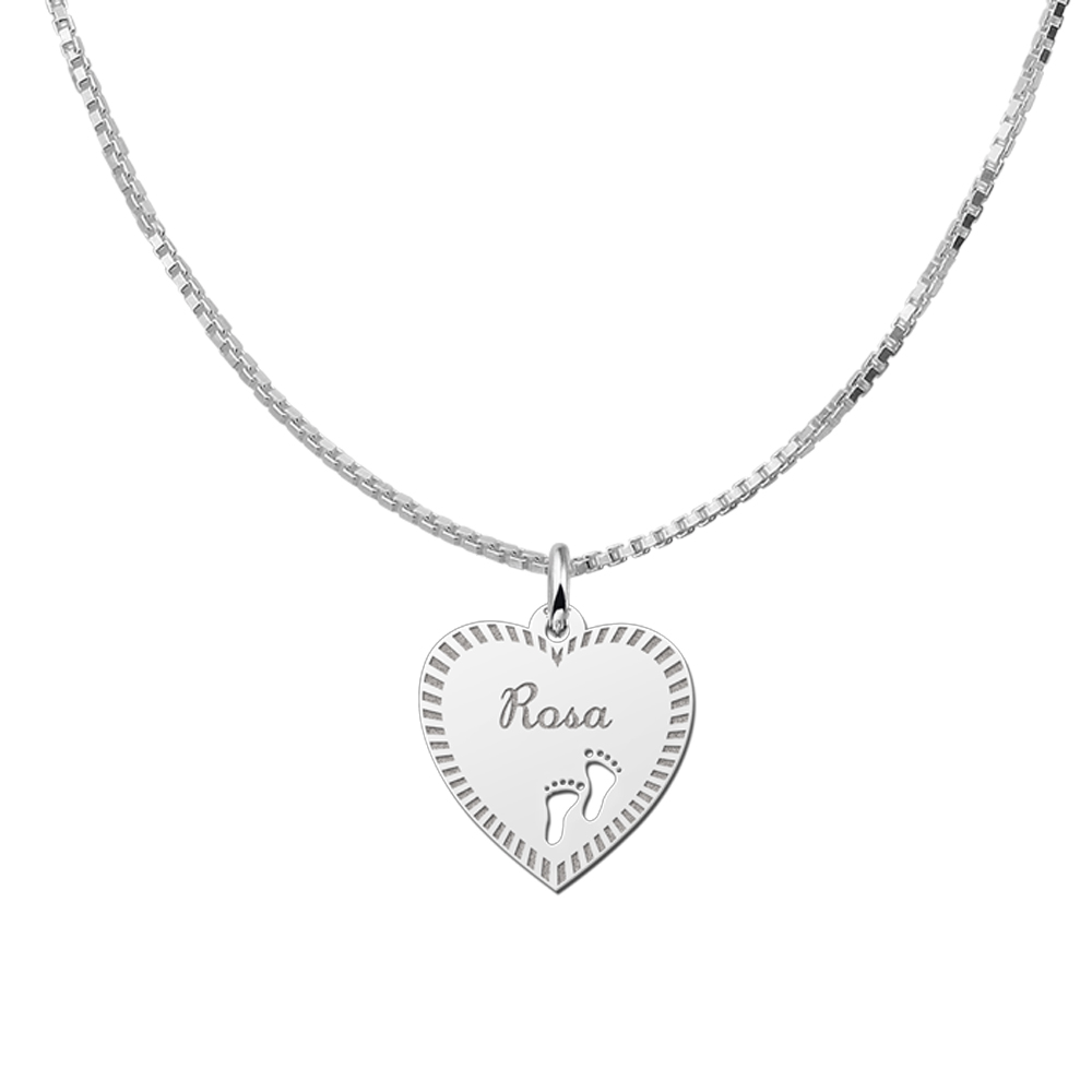 Silver Engraved Heart Necklace with Border and Feet