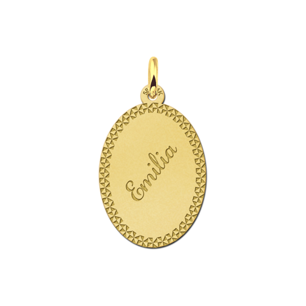 Gold Oval Necklace with Name and Border Large