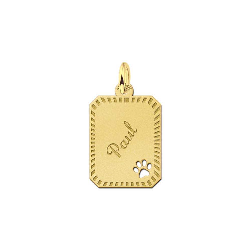 Gold Personalised Dog Tag with Name, Border and Dog Paw