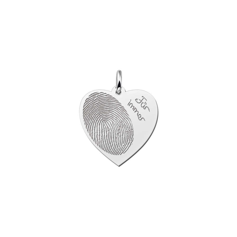 Silver heart pendant with fingerprint and  own handwriting