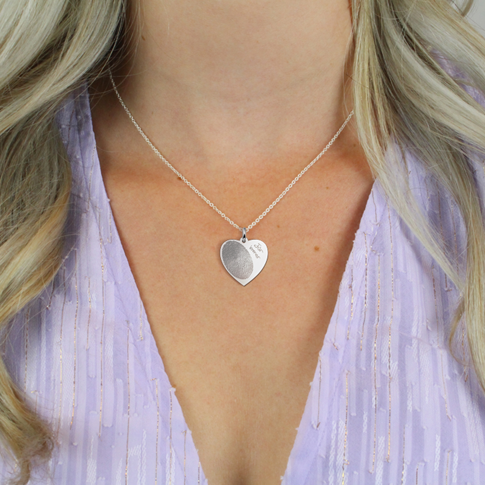 Silver heart pendant with fingerprint and  own handwriting