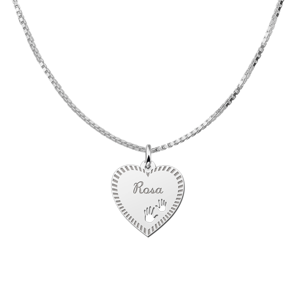 Silver Engraved Heart Necklace with Border and Hands