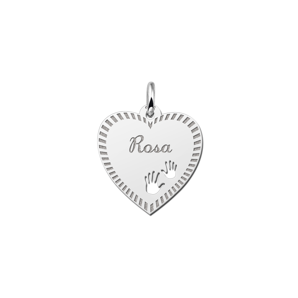 Silver Engraved Heart Necklace with Border and Hands