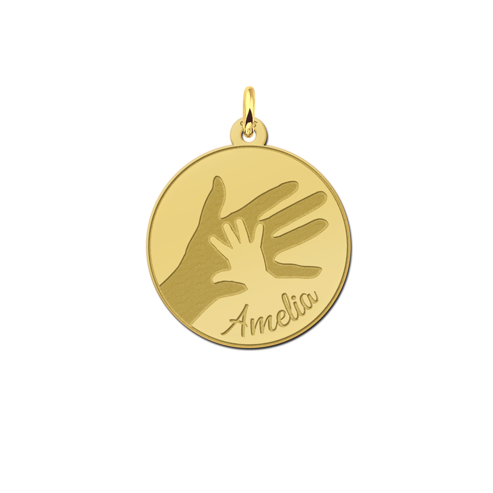 Gold plated round pendant with large and small handprint