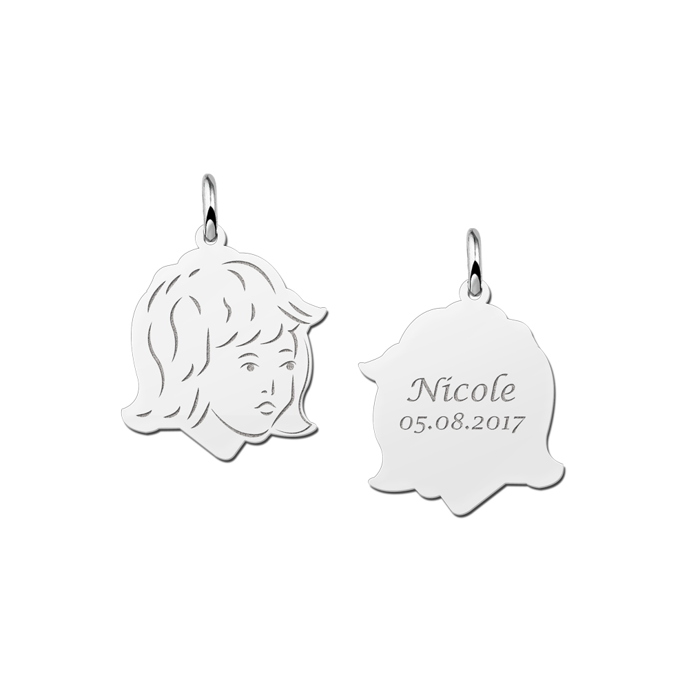 Girls child head silver pendant with back engraving