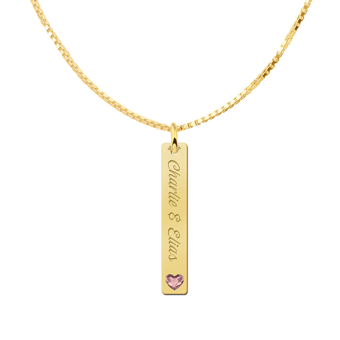 Gold bar necklace pendant with heart stone