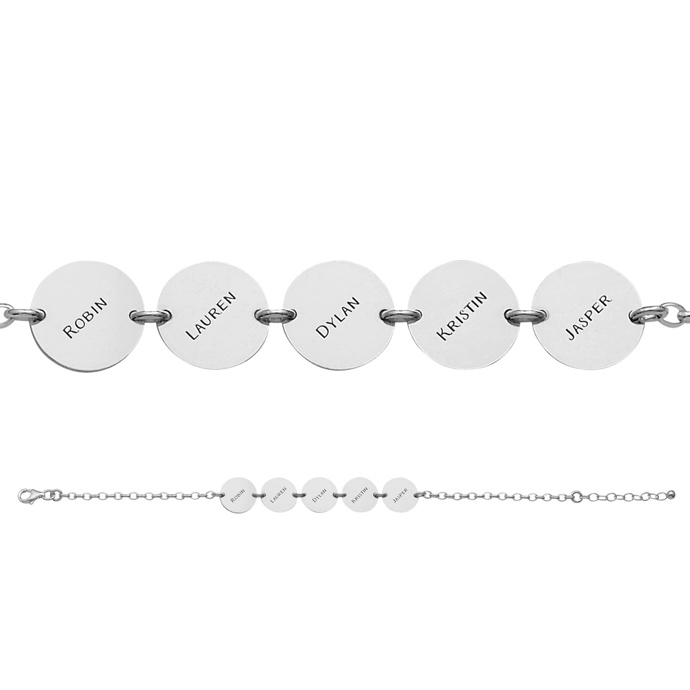 Silver bracelet with 5 names in cirkels