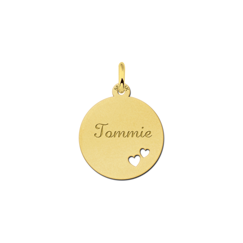 Golden Disc Necklace with Name and Two Hearts