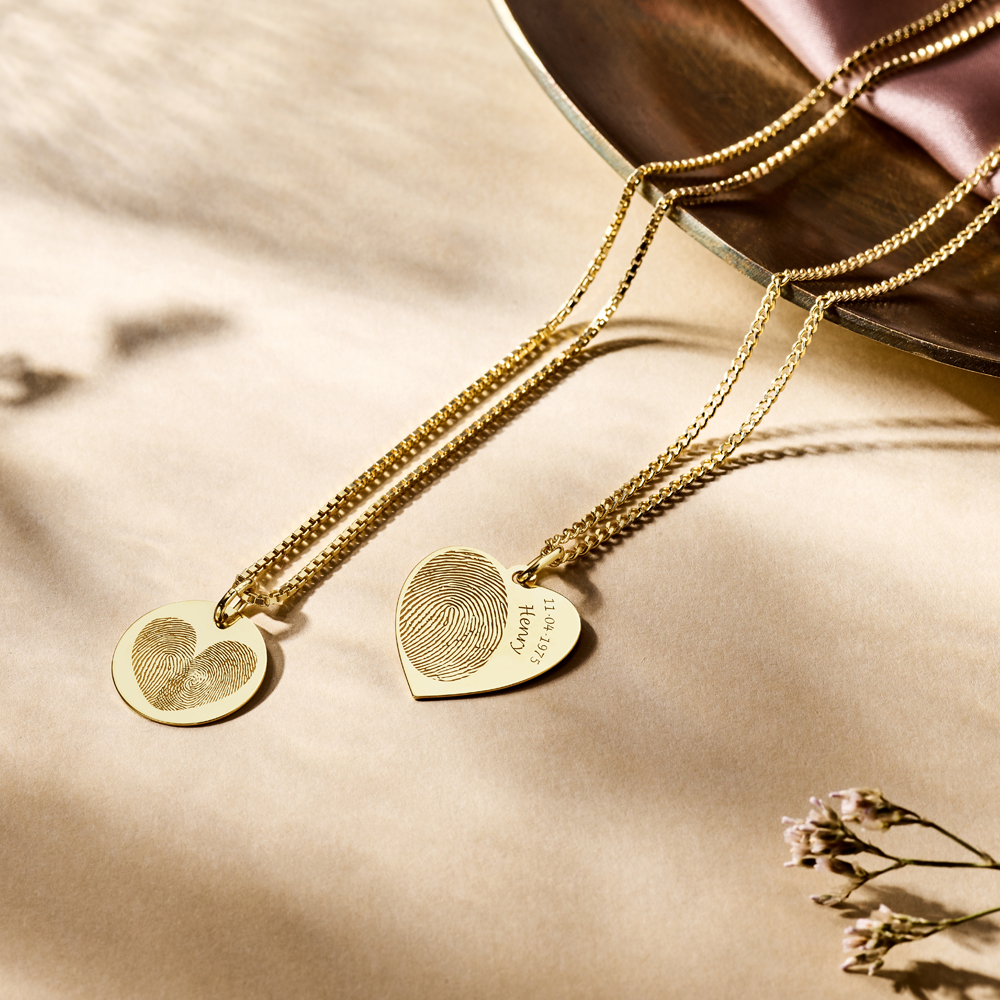 Golden heart fingerprint jewellery with name and date